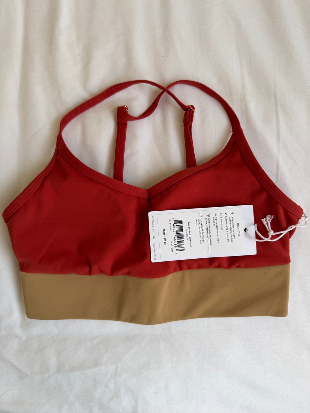 TAVI Colorblock Red and Tan Sports Bra NWT